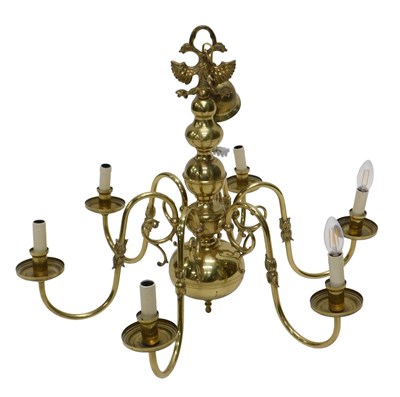 Lot 848 - A brass Dutch style six branch chandelier,...
