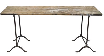 Lot 905 - A workshop or industrial trestle table, the...
