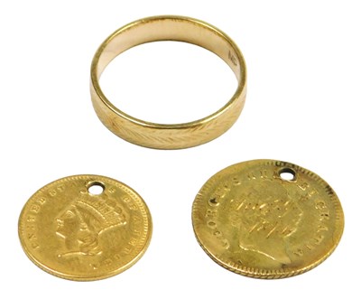 Lot 106 - A George III gold third guinea 1803, drilled,...