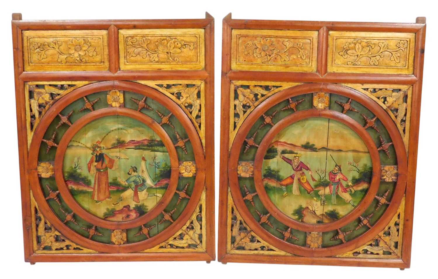 Lot 26 - A pair of 19thC Chinese carved and painted...