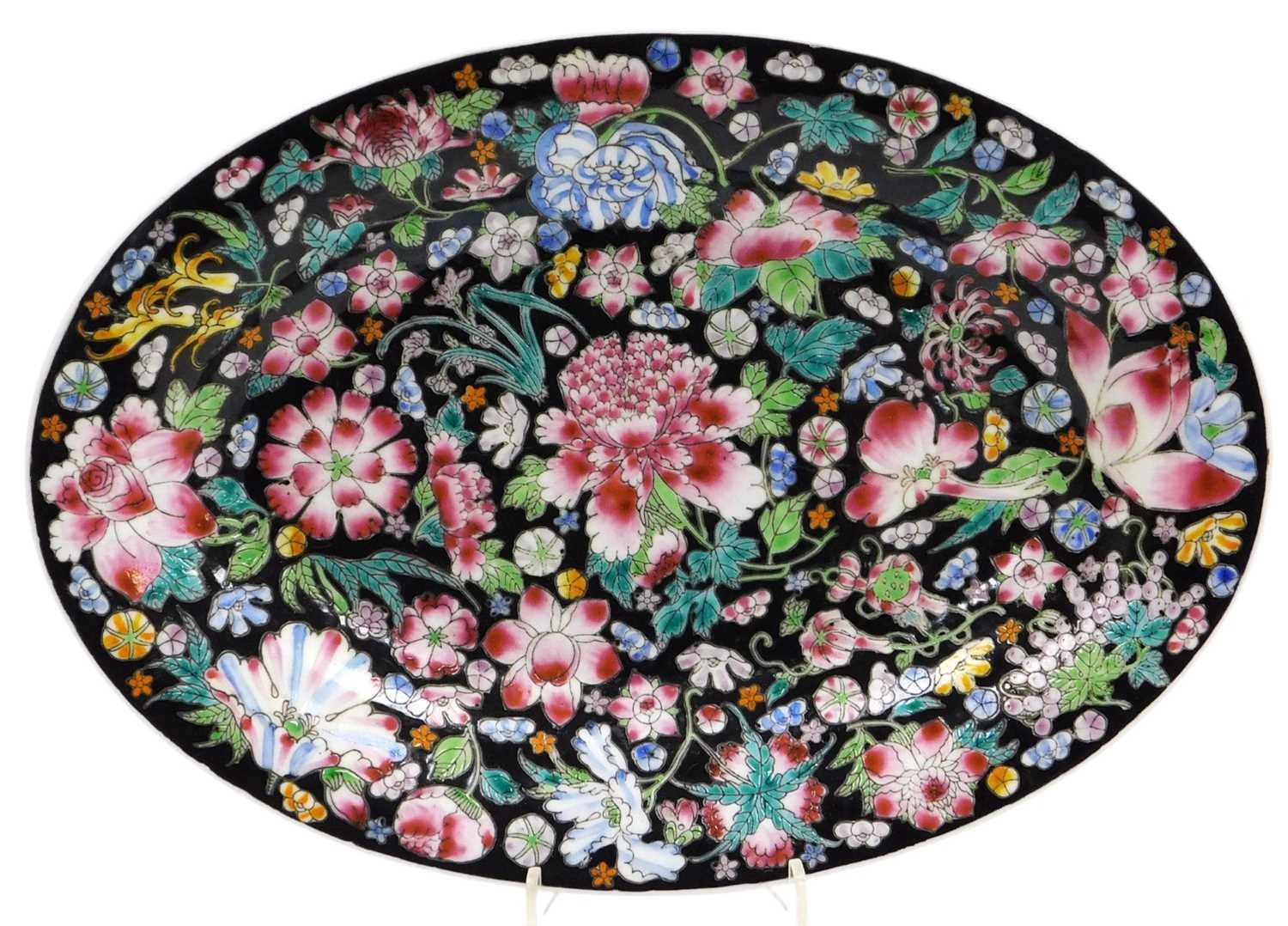 Lot 64 - A late 20thC Chinese famille noire oval...