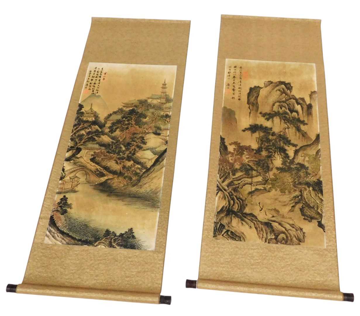 Lot 65 - A pair of Chinese landscape scrolls, manner of...