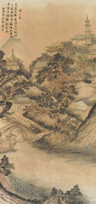 Lot 65 - A pair of Chinese landscape scrolls, manner of...