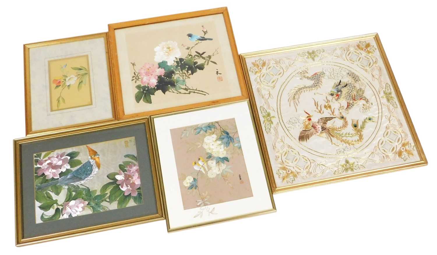 Lot 79 - A group of Oriental pictures, on silk and...