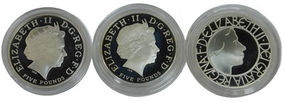 Lot 119 - Three The Royal Mint silver proof five pound...