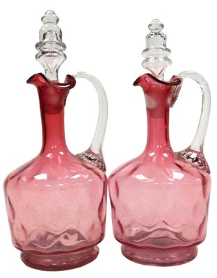 Lot 24 - A pair of late 19thC Cranberry glass decanters,...