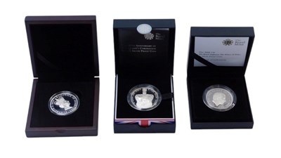 Lot 199 - Three Royal Mint silver proof five pound coins,...