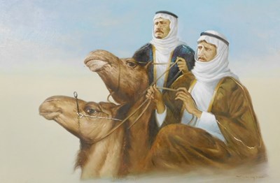 Lot 396 - 20thC School. Two figures on camel back, oil...