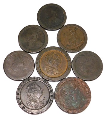 Lot 577 - Three 1797 cartwheel pennies and five half...