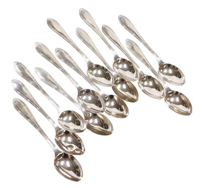 Lot 587 - A set of twelve George V silver coffee spoons,...