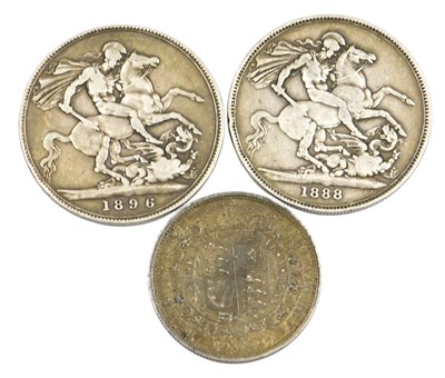 Lot 631 - Two Queen Victoria silver crowns, 1888 and...