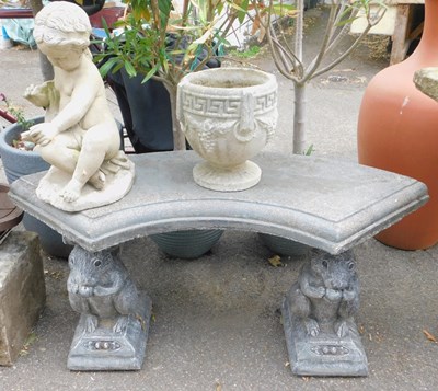 Lot 308 - A grey painted composition stone garden bench,...
