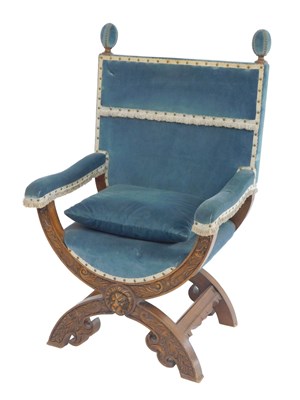 Lot 545 - An oak Spanish-style curule chair, with a blue...
