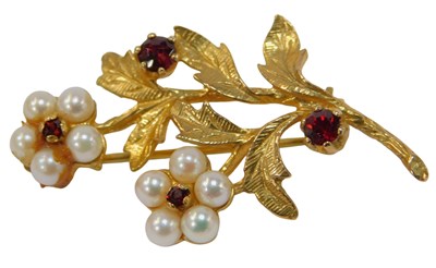 Lot 596 - A 9ct gold seed pearl and garnet floral spray...