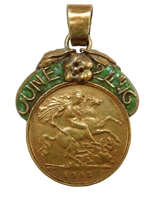 Lot 140 - An Edward VII half gold sovereign pendant,...