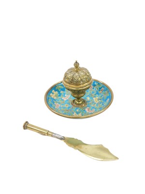 Lot 190 - A 20thC brass and enamel ink well, the central...
