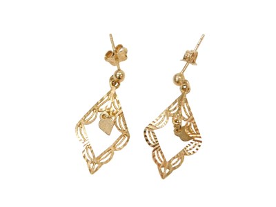 Lot 223 - A pair of trapeze shaped drop earrings, each...