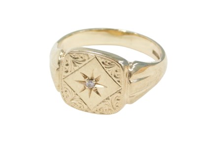 Lot 241 - A 9ct gold signet ring, the square set panel...