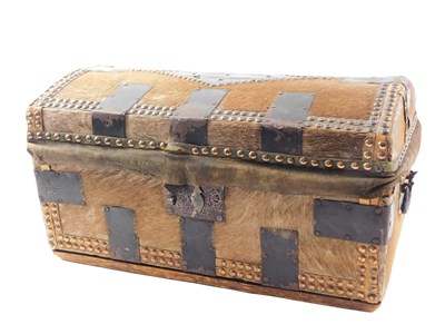Lot 376 - A 19thC pony skin and wrought bound domed top...