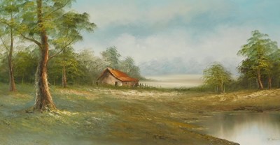 Lot 750 - T Williams (20thC School). Log cabin in forest,...