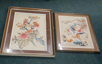 Lot 2152 - Two embroidered Oriental pictures, one of...