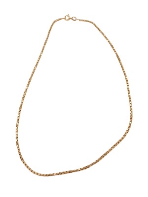 Lot 789 - A 9ct gold box link neck chain, 36cm long, 5.9g.