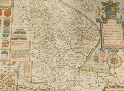 Lot 859 - John Speed. A framed map of Lincolnshire, 40cm...