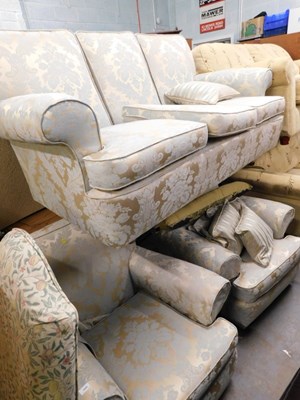 Lot 1620 - A three seater sofa, upholstered in blue...