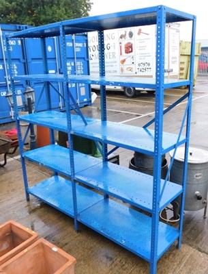 Lot 1676 - A blue metal shelving unit.