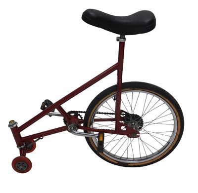 Lot 1054 - A red painted skate bike unicycle, with spoked...