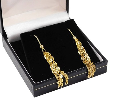 Lot 418 - A pair of 9ct gold triple oval link drop...