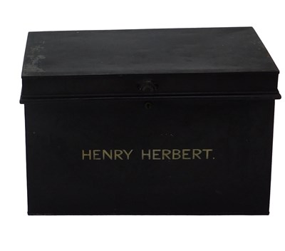 Lot 1246 - A black painted metal deed box, bearing name...