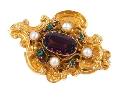 Lot 510 - A Victorian garnet emerald and pearl scroll...