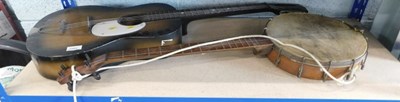 Lot 2285 - An acoustic guitar, and a walnut and oak banjo....