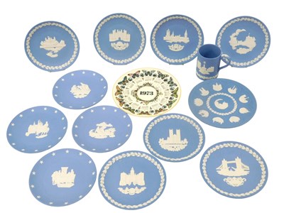 Lot 58 - Five Wedgwood blue jasperware Christmas plates,...