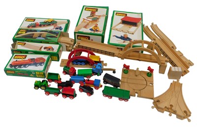 Lot 848 - Brio wooden train set, including trains,...