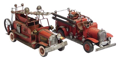 Lot 911 - Two tin distressed fire trucks.