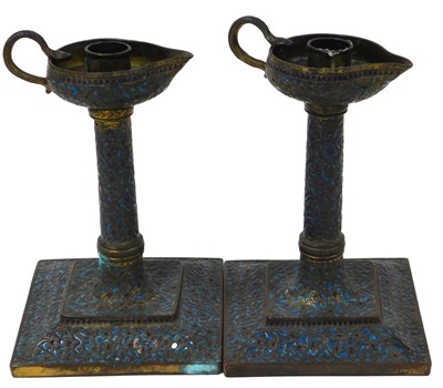 Lot 242 - A pair of early 20thC Kashmir brass and blue...