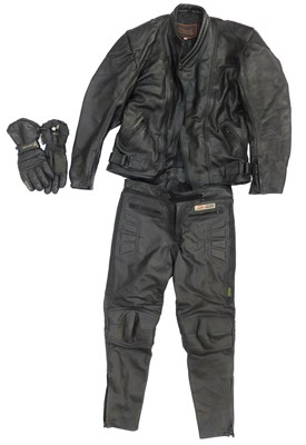 Lot 132 - A motorcycle jacket and gloves, the jacket 46".