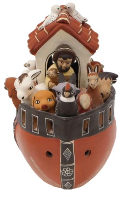Lot 342 - A Minka Peruvian pottery Noah's Ark, printed...