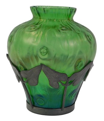 Lot 82 - A Loetz green iridescent vase, of cylindrical...