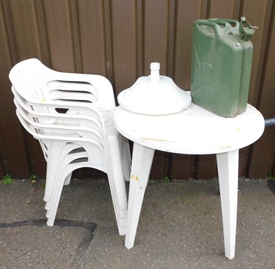 Lot 1093 - A white plastic garden table, together with...