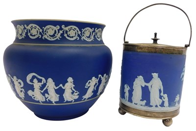 Lot 104 - An Adams dark blue Jasperware jardiniere,...