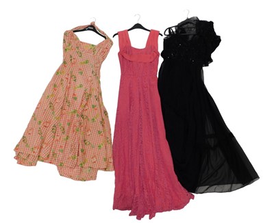 Lot 159 - Ladies evening dresses, black lace gown, pink...