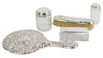 Lot 56 - A group of silver mounted and backed dressing...