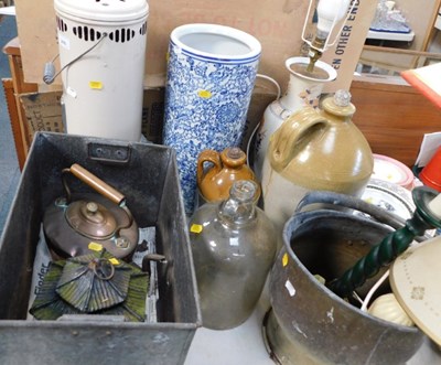 Lot 2055 - Metalware and ceramics, a stick stand, lamps,...