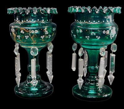Lot 487 - A pair of Victorian green-tinted glass lustres,...