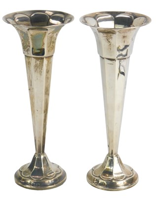 Lot 608 - A pair of George V silver vases, of trumpet...