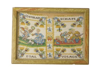 Lot 409 - A small cross stitch, depicting putti,...