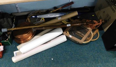 Lot 2046 - Tennis rackets, copper warming pan, walking...